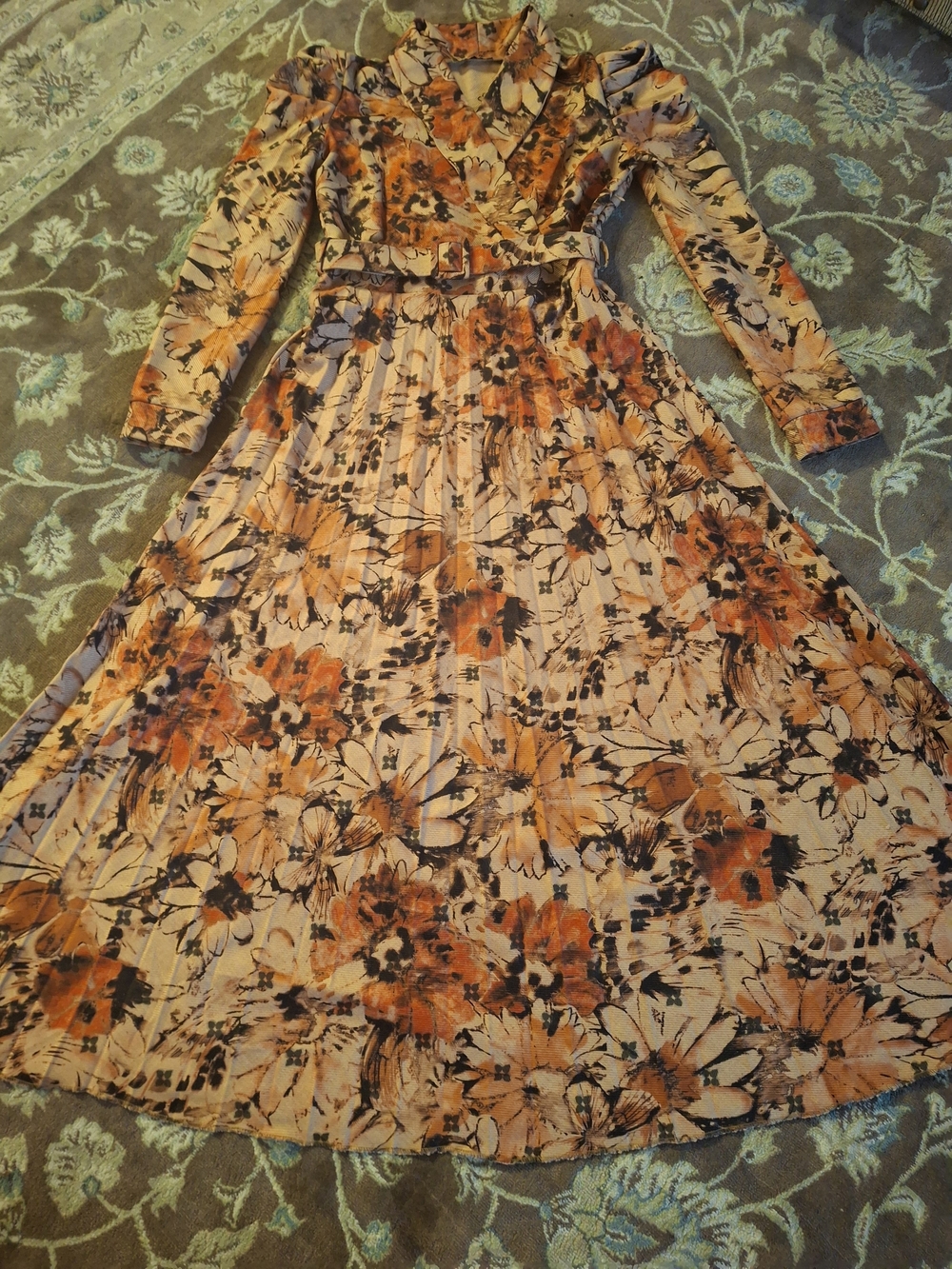 Vintage Floral Corduroy / Suede Maxi Dress with Belt  
​